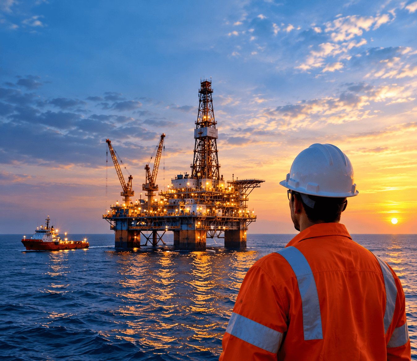 Illustration of an offshore platform and a supply vessel at sea
